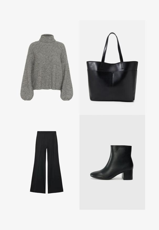 Pulover gri din tricot cu nervuri, cu gât înalt, umeri lăsați și mâneci voluminoase. Textură moale și lungime scurtă.; Pantaloni negri cu croială largă, având o textură netedă, cu pliseuri frontale și un design croit. Materialul este ușor și fluid.; Cizme negre din piele până la gleznă, cu vârf ascuțit și toc robust. Textură netedă, cu accente minime și un design elegant, ajustat.; Geantă oversized din piele neagră, cu două mânere lungi, de textură netedă și formă structurată. Are un buzunar frontal pentru stocare suplimentară.