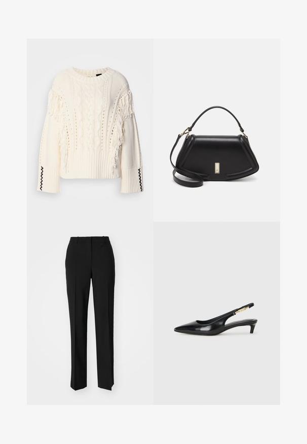 Maglione lavorato a maglia color crema con motivi a treccia, dettagli frangianti sulle maniche e polsini a coste con cuciture a contrasto nere.; Pantaloni neri su misura con un design a gamba dritta, caratterizzati da una texture liscia e pieghe ben definite sul davanti. Senza hardware visibile.; Tacchi slingback in pelle nera con punta affusolata, caratterizzati da un tacco alto e un accento dorato sulla cinghia regolabile. Texture liscia.; Borsa a mano in pelle nera con un design strutturato, caratterizzata da una forma corta, manico superiore e accessori in metallo dorato. Inclusa tracolla regolabile.