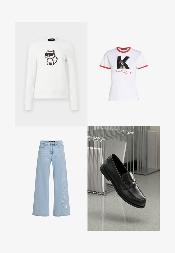 Valge pusaku, millel on multifilmikujuline rebane mustade prillide ja roosade aktsentidega, pehmest kangast, ümara kaeluse ja soonikkätistega.; Valge puuvillane T-särk punase kaeluse ja varrukate äärega. Kujutamisel on must 'K' ja Donald Duck'i graafika punase allkirjaga.; Heledad sinine laia säärega teksapüksid, millel on vasakul jalal õmmeldud tekst "Donald ja Daisy". Omad klassikalise viie tasku disaini ja vöökohaga.; Mustast nahast loaferid sujuva viimistlusega, dekoratiivse riba ja väikese kuldse aktsendiga. Tald on lame ja varvas on ümar.