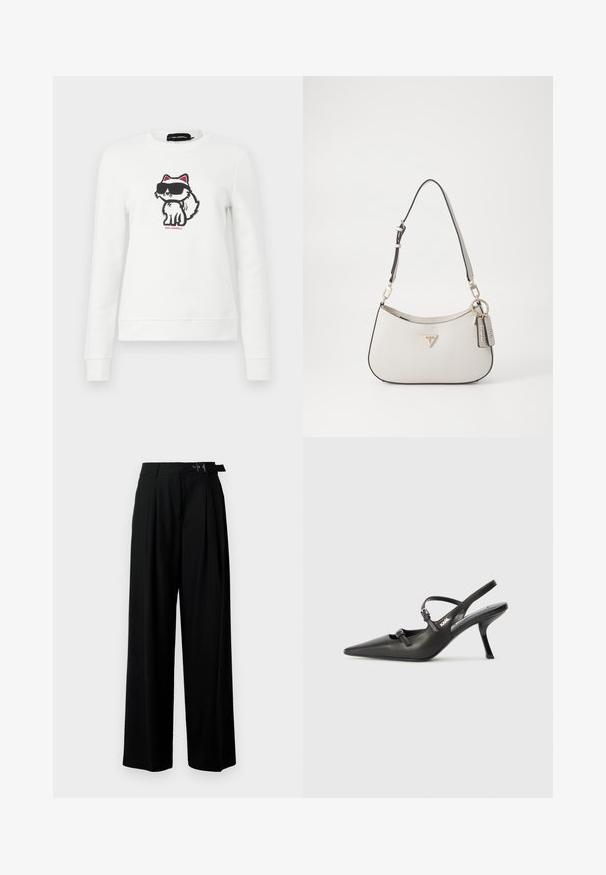 Sudadera blanca con un zorro de dibujos animados que lleva gafas de sol negras y detalles en rosa, hecha de una tela suave, con un cuello redondo y puños de canalé.; Pantalones de pierna ancha negros con cintura alta, pliegues en la parte delantera y un cinturón con hebilla. Confeccionados con una tela suave y liviana.; Tacones slingback de cuero negro con punta afilada, tacón delgado y detalle decorativo de hebilla en la parte superior. Textura suave y diseño elegante.; Bolso blanco texturizado con forma curva, herrajes dorados, una correa desmontable y un acento de logo. Incluye una etiqueta de llavero con la marca.