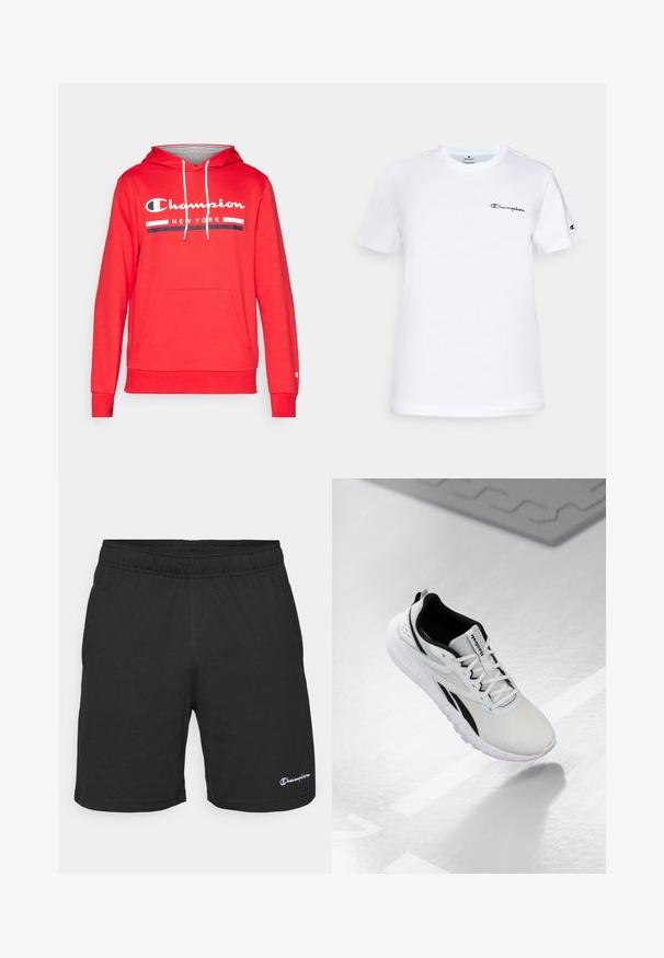 Champion GRAPHIC HOODIE - Mikina s kapucňou - red; Biela bavlnená tričko s okrúhlym výstrihom, krátkymi rukávmi a čiernym vyšitým logom "Champion" na hrudi a na akcentoch rukávov.; Čierne atletické šortky s elastickým pásom, vyrobené z mäkkej tkaniny, s malým bielym logom na dolnej ľavej strane.; Svetlošedá športová topánka s čiernymi akcentmi, textúrovaný vrch z textilu, polstrovaná podrážka a šnurovací systém. Obsahuje pútko na päte.