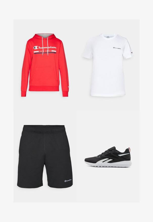 Champion GRAPHIC HOODIE - Hanorac - red; Tricou alb din bumbac cu guler rotund, mâneci scurte și un logo "Champion" brodat în negru pe piept și pe accentul de pe mânecă.; Pantaloni scurți sport negri cu un talie elastica, dintr-un material moale, având un mic logo alb în colțul din stânga jos.; Pantofi sport negri cu un superior din plasă, accente albe, talpă texturată și un detaliu roșu la călcâi pentru un plus de stil.