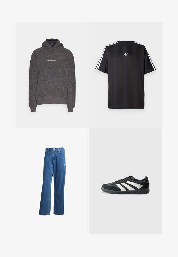 Dark gray, textured fleece hoodie with “originals Studio” text printed on the chest, ribbed cuffs and hem, displayed on a plain background.; Black short-sleeve t-shirt with white three-stripe detailing on shoulders and a small white logo on the chest. Smooth fabric texture.; Blue high-waist wide-leg denim jeans with front pockets, belt loops, button closure, and small Adidas logo on the right thigh.; adidas Performance PREDATOR FREESTYLE JUDE INDOOR FOOTBALL SHOES - Indoor football boots - core black/silver-coloured/glory blue