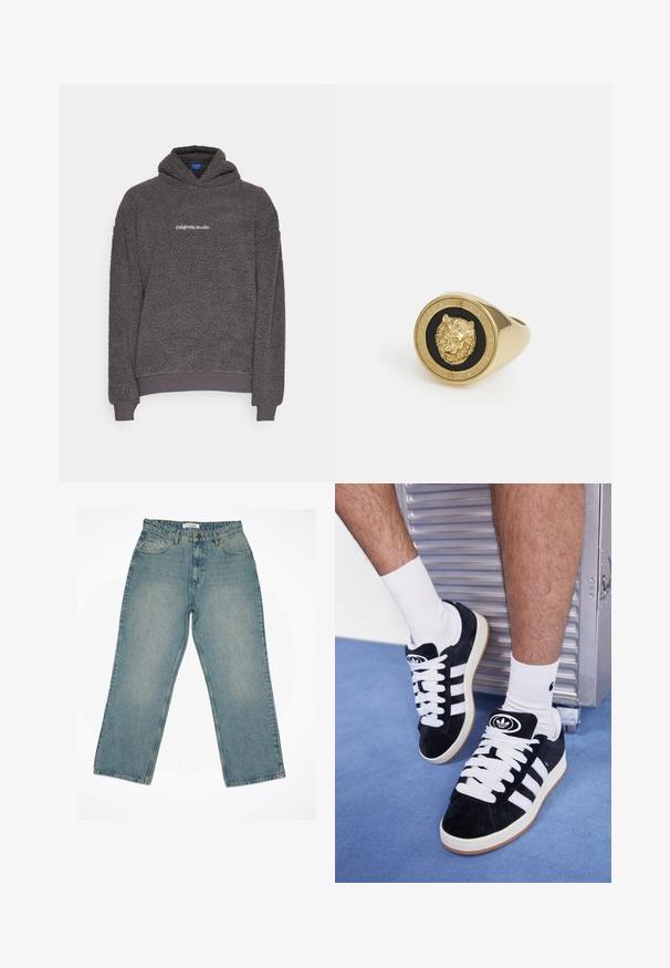 Dunkelgrauer, strukturierter Fleece-Hoodie mit dem auf der Brust aufgedruckten Text "originals Studio", gerippte Bündchen und Saum, auf einem schlichten Hintergrund präsentiert.; Weißes T-Shirt mit kurzen Ärmeln aus weicher Baumwolle. Es hat einen Rundhalsausschnitt und eine lockere Passform, mit einer glatten Textur und einem klaren, schlichten Design.; Hellblaue Denim-Jeans mit hoher Taille und weitem Bein. Verfügt über vordere Taschen, einen Reißverschluss und sichtbare Nähte.; Schwarze Wildledersneaker mit weißen Schnürsenkeln und drei weißen Streifen. Verfügt über ein kreisförmiges schwarzes Logo auf der Zunge und eine Gummisohle.; Goldfarbener Ring mit einem erhabenen Löwenmotiv auf schwarzem Hintergrund, umrandet von einem kreisförmigen Band, auf dem der Markenname eingraviert ist.