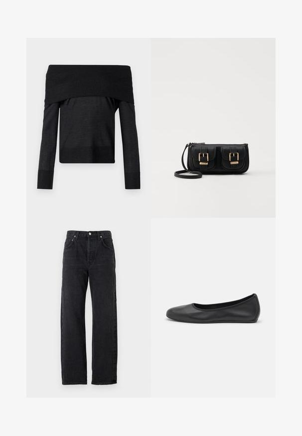 Off-the-shoulder, long-sleeve top in black, featuring a ribbed neckline, smooth fabric, and a fitted silhouette. Texture varies at cuffs.; Black denim jeans with a straight-leg cut, featuring a high waistband, five pockets, and metallic buttons. Smooth, slightly textured fabric.; Black leather ballet flat with a rounded toe, smooth texture, minimal stitching detail, and a flexible sole design.; Black leather crossbody bag with two front pockets, gold buckles, zipper closure, and a slim strap. Textured surface and compact rectangular shape.