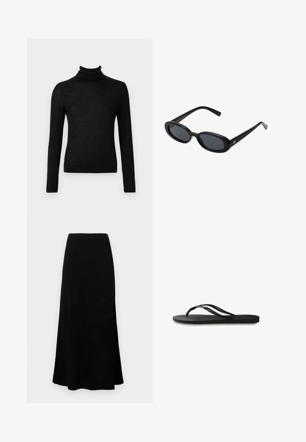 Črna rolka iz mehkega pletenega materiala. Prilagojen kroj z dolgimi rokavi in ribanim izrezom ter robom.; Črna midi krila s prilegajočim pasom, razširjenim robom, gladko teksturo in brez vidnih vzorcev ali poudarkov.; Črne natikače z teksturirano gumijasto podlogo, dvema ozkima trakoma in subtilnim, vtisnjenim logom na traku.; Črne oversize sončne očala z ovalnimi lečami, gladkim plastičnim okvirjem in zlatenimi detajli na templjih. Temne leče zagotavljajo zaščito pred soncem.; Hobo torba iz mehkega rumenega usnja z zaobljeno obliko. Ima gladko površino, temno notranjost in srebrn poudarek na zapiranju.