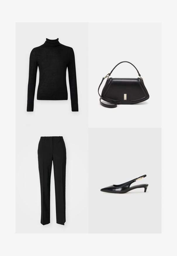 Black turtleneck sweater made from a soft knit material. Fitted design with long sleeves and a ribbed neckline and hem.; Black tailored trousers with a straight-leg design, featuring a smooth texture and crisp creases along the front. No visible hardware.; Black leather slingback heels with a pointed toe, featuring a slim heel and a gold-tone accent on the adjustable strap. Smooth texture.; Black leather handbag with a structured design, featuring a cropped shape, top handle, and gold hardware accent. Adjustable shoulder strap included.
