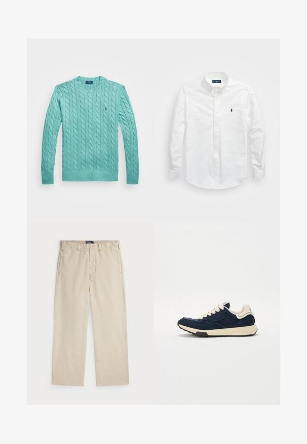 Kabelstrikket genser i lys turkis med rund hals og ribbestrikket kant. Har en liten brodert logo på brystet.; Hvit skjorte med knapper laget av bomull. Har spiss krage, lange ermer og en liten marineblå logo på brystet. Glatt tekstur.; Beige bomullschinos med rett ben-design, med knappelukking og to frontlommer. Glatt tekstur og ensfarget.; Marineblå joggesko med teksturert semsket skinn-overdel, kremfargede snøringer og beige mellomsåle. Har et klassisk atletisk design og gummisåle.