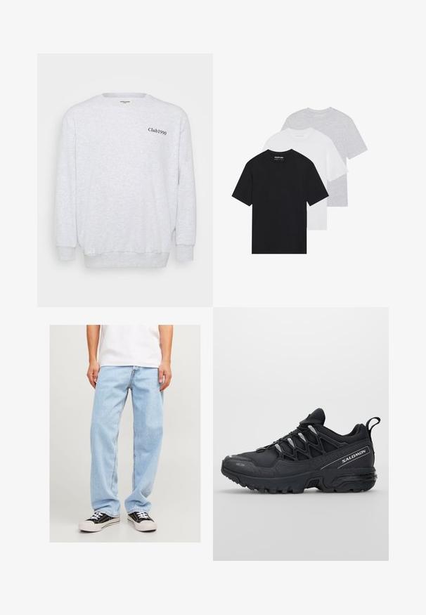 Lichtgrijs sweatshirt van fleece materiaal. Kenmerken zijn een ronde hals, lange mouwen en de tekst "Club1990" in het zwart gedrukt op de voorkant.; Set van drie basic t-shirts in zwart, wit en lichtgrijs. Korte mouwen, ronde hals, gemaakt van gladde katoenstof. Merkl logo zichtbaar.; Lichtblauwe denim jeans met een relaxed fit, met een rechte pijp en standaard stiksels, gecombineerd met zwarte sneakers.; Zwarte sportieve schoenen met een bovenwerk van mesh, rubberen buitenzool en reflecterende accenten. Voorzien van een gevoerde zool en een vetersluiting.