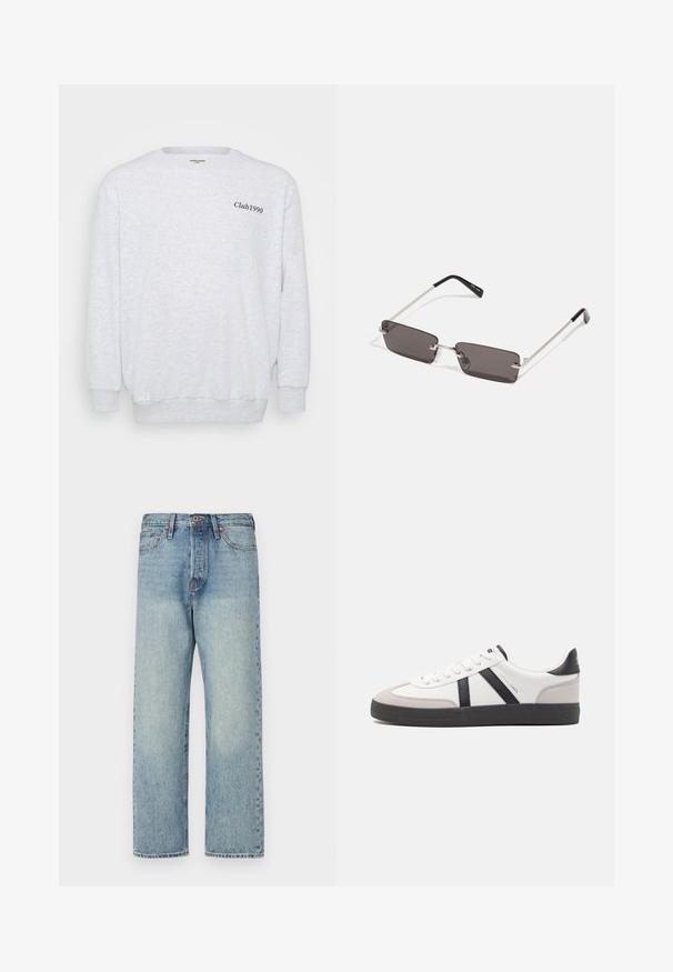 Šviesiai pilka pūkinė palaidinė. Suapvalintas kaklas, ilgomis rankovėmis ir juodu užrašu "Club1990" priekyje.; Šviesiai mėlynos džinsinės kelnės su tiesiu kirpimu, penkiomis kišenėmis ir variniais akcentais. Minimalus blukimas su švariu apdailos įvaizdžiu.; Balti sportbačiai su juodais ir pilkais akcentais, pasižymintys tekstūruotu pilku pirštų dangteliu, juoda gumine padais ir plokščiomis baltomis raišteliais. Švarus dizainas, minimalistinis stilius.; Akiniai nuo saulės su stačiakampiais, tamsiai pilkais lęšiais, sidabriniais metaliniais rėmeliais ir juodais plastikiniais galiukais. Lengvas dizainas su nosies pagalvėlėmis.