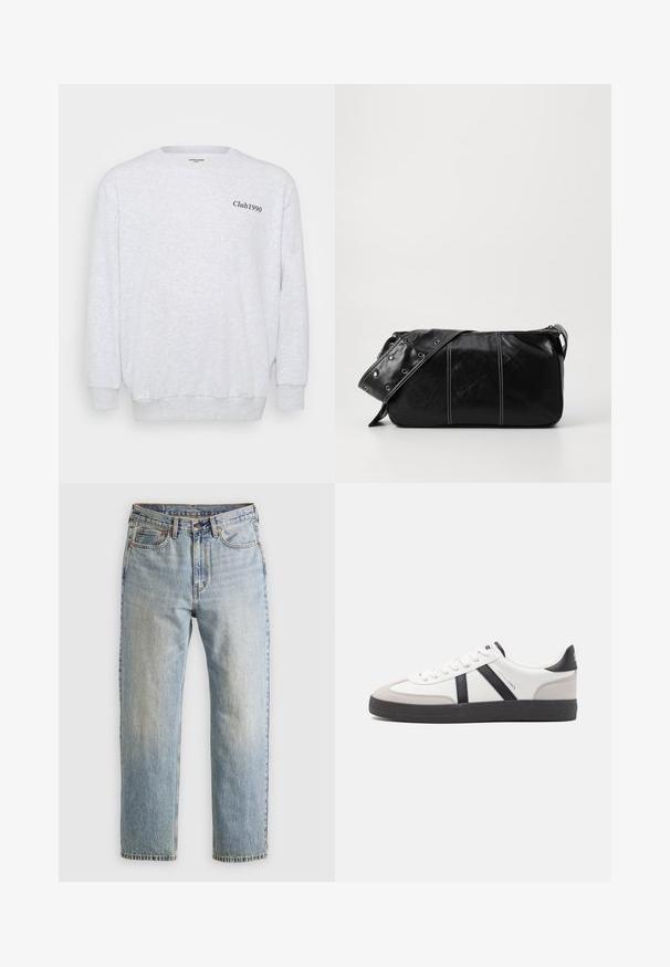 Helles graues Sweatshirt aus Fleece-Material. Verfügt über einen Rundhalsausschnitt, lange Ärmel und "Club1990" in Schwarz auf der Vorderseite gedruckt.; Helle blaue Jeans mit hoher Taille, Frontknopf, Reißverschluss und fünf Taschen-Design, flach auf einem neutralen Hintergrund ausgelegt.; Weiße Sneaker mit schwarz- und grau-aczenten, ausgestattet mit einer strukturierten grauen Zehenkappe, schwarzer Gummi-Sohle und flachen weißen Schnürsenkeln. Sauberes Design, minimalistische Stil.; Schwarze Leder Schultertasche mit Reißverschluss, ausgestattet mit einer strukturierten Oberfläche, weißen Nähten und einem Tragegurt mit silbernen Ösen.