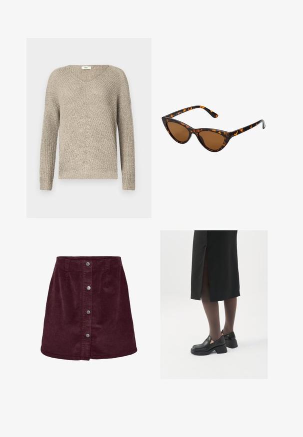 Hellbeige Strickpullover mit V-Ausschnitt, langen Ärmeln und einem strukturierten Muster sowie gerippten Bündchen und Saum.; Burgunderfarbene Kordmini mit A-Linien-Form, ausgestattet mit fünf silbernen Knöpfen an der Vorderseite und einer subtilen gerippten Textur.; Schwarze Lederschuhe mit abgerundetem Zeh, dicker Blockabsatz und elastischen seitlichen Akzenten, kombiniert mit dunklen Strumpfhosen und einem schwarzen Rock mit Schlitz.; Katzenaugen-Sonnenbrille mit einem schwarz-orangenen Schildpattrahmen, braunen Gläsern und schlanken, spitzen Enden. Verfügt über ein minimalistisches Logo am Bügel.