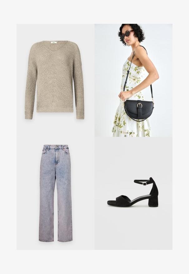 Svetlo bež pleten pulover z V-izrezom, dolgimi rokavi in teksturiranim vzorcem, z rebrastimi manšetami in robom.; Svijetloplave traperice s opuštenim krojem ravnih nogavica, visokim strukom, dizajnom s pet džepova i brončanim dugmetom.; Črne zamshe sandale na peto z tankim trakom okoli gležnja, odprto konico in zmerno blok peto. Gladka tekstura in minimalni detajli.; Črna usnjena torbica s ukrivljeno obliko, z odstranljivo naramnico in zlatimi dodatki. Torbica ima pokrov s podrobnostmi v obliki zaponke.