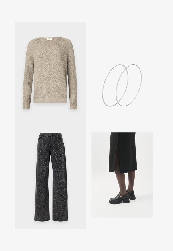 Vaaleanbeige neulepusero, jossa on V-pääntie, pitkät hihat ja teksturoitu kuvio, jossa on ribbireunukset hihansuissa ja helmassa.; Noisy May NMJANNEL LOOSE - Relaxed fit -farkut - black denim; Mustat nahkakengät pyöreällä kärjellä, paksulla lohkopohjalla ja joustavilla sivuakkesseilla, yhdistettynä tummiin sukkahousuihin ja mustaan hameeseen, jossa on halkio.; Hopehope hopeilla, joissa on minimalistinen muotoilu. Pyöreä muoto, sileä pinta ja ohut profiili. Kevyet ja kiillotetut.