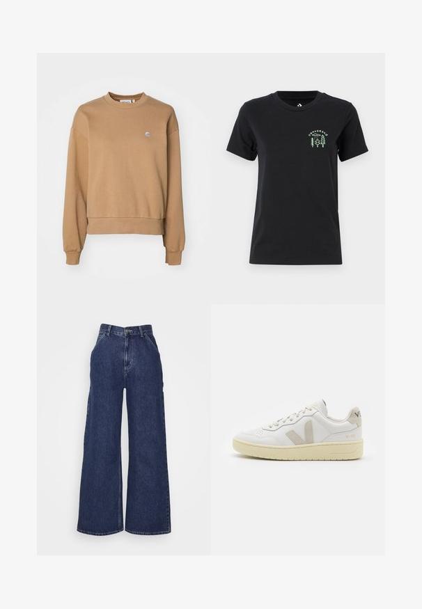 Carhartt WIP CASEY - Mikina - peanut/silver; Converse FOREST ART TEE - Tričko s potlačou - black; Džínsy s širokými nohavicami v tmavomodrej farbe, s vysokým pásom, prednými vreckami a zipsom s kovovým gombíkom. Hladká textura a klasický dizajn.; Biele kožené tenisky s béžovými semišovými akcentmi, perforovanou špičkou, plochými šnúrkami a textúrovanou krémovou podrážkou. Obsahujú jemné označenie na päte.