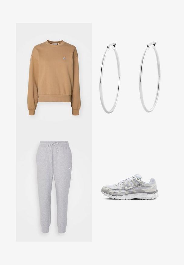 Carhartt WIP CASEY - Sportska majica - peanut/silver; Svijetlosive trenirke s elastičnom trakicom u struku, sužene nogavice i mali bijeli logo na lijevom bedru. Izrađene su od mekog, teksturiranog materijala.; Svijetlosive atletske cipele s mrežastim i sintetičkim gornjim dijelom, s vezanjem, podstavljenim ovratnikom i teksturiranim potplatom za bolje prianjanje.; Srebrne naušnice u obliku kružnice s glatkom, poliranom površinom i tankim, okruglim oblikom. Dizajn uključuje sigurno kopčanje.