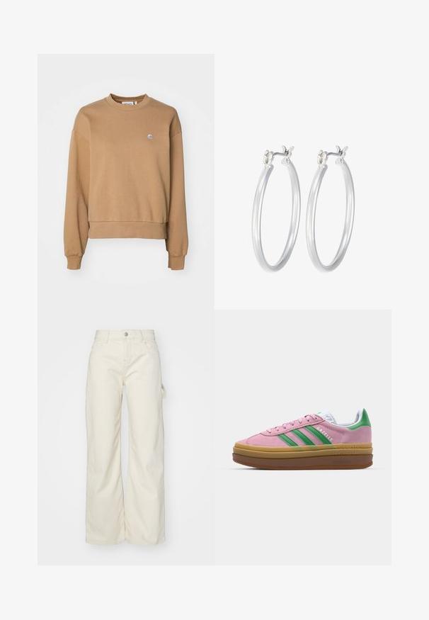 Carhartt WIP CASEY - Sudadera - peanut/silver; Pantalones de pierna ancha en tela beige claro, con cintura alta, bolsillos frontales y un detalle de lazo lateral para mayor funcionalidad.; Zapatillas de ante rosa con rayas verdes, acentos blancos y una suela de goma marrón. Presentan un tejido texturizado y detalles del logo en el costado.; Pendientes de aro de plata con un acabado liso y pulido. Forma redonda y cierre de click seguro. Diseño ligero adecuado para el uso diario.