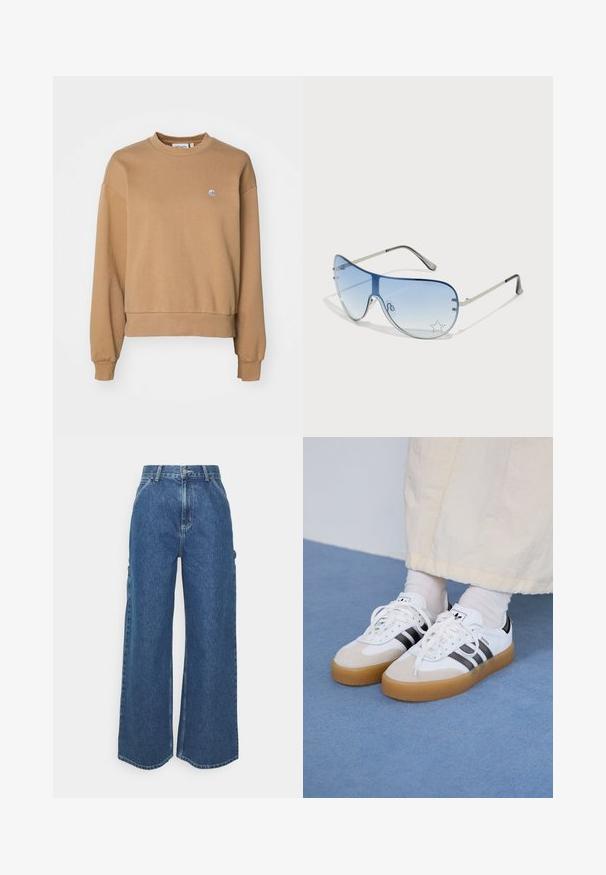 Carhartt WIP CASEY - Felpa - peanut/silver; Pantaloni in denim blu a gamba larga con vita alta, cuciture a contrasto e tasche laterali, caratterizzati da un classico design a cinque tasche e orli grezzi.; Sneakers bianche con strisce nere e accenti in suede beige. Presentano una suola in gomma texturizzata e lacci bianchi piatti, indossate con calzini di colore chiaro.; Occhiali da sole aviator con lenti blu sfumate, montatura in metallo argentato e decorazioni a forma di stella sulle lenti. Design liscio e sofisticato.