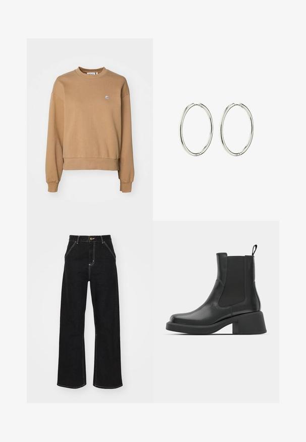 Carhartt WIP CASEY - Pusa - peanut/silver; Mustmustest mustadest denimist, millel on kontrastsed valged õmblused ja esine nupp, kahe nurga all asuva esipocketiga.; Mustad nahast ankle boots elastsete külgpaneelidega, ümar varvas ja paks plokk kõrgus. Sile tekstuur ja minimalistlik disain.; Hõbedased rõngaskõrvarõngad, millel on sile ja poleeritud viimistlus. Ümmargune kuju, kerge disain, millel on turvaline sulgemismehhanism.