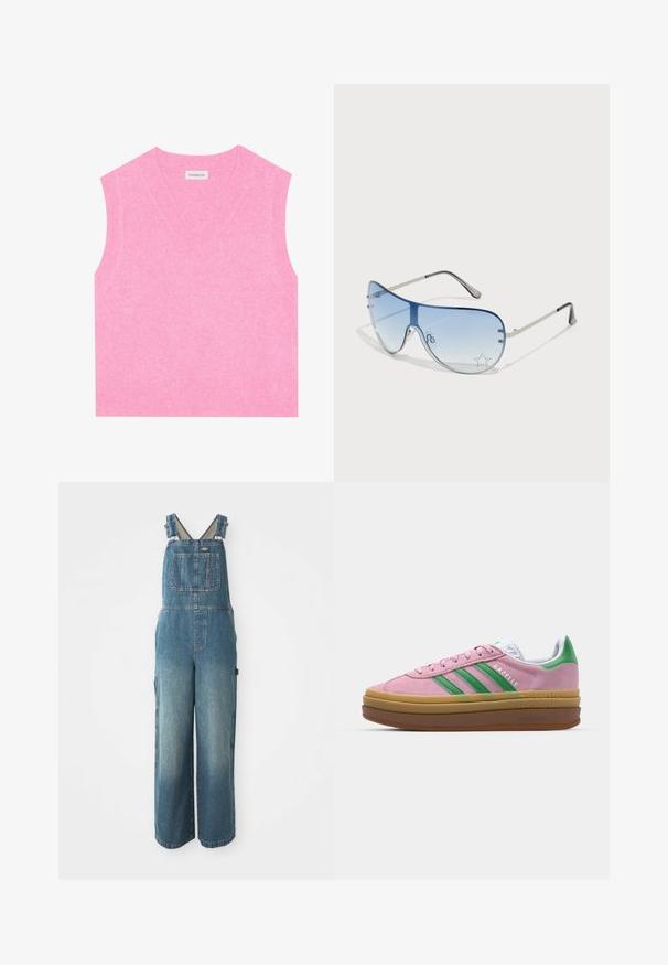 Even&Odd Camisola - pink; Macaquinhos de ganga com pernas largas, alças ajustáveis, bolso frontal e cor azul desbotada. Feitos de um material de algodão resistente.; Ténis de camurça rosa com riscas verdes, detalhes brancos e sola de borracha castanha. Apresenta tecido texturizado e detalhes de logótipo na lateral.; Óculos de sol aviador com lentes azuis em degradê, armação metálica prateada e detalhes decorativos de estrelas nas lentes. Design suave e elegante.