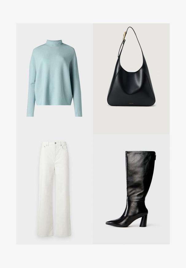 DRYKORN LIORA - Strikkegenser - blue; Samsøe Samsøe SHELLY - Jeans relaxed fit - clear cream; Knæhøye svarte lærstøvler med spiss tå, glatt tekstur og tykk hæl. Har glidelåsdetalj på baksiden.; Svart lær skulderveske med glatt tekstur, buet silhuett og gullfarge detaljer. Har preget merkevarelogo nederst.