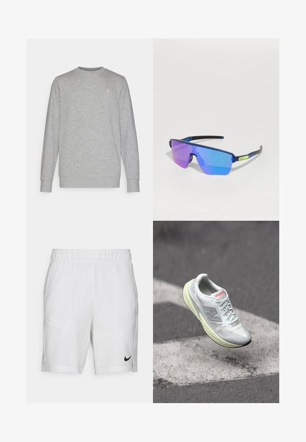 Gray sweatshirt featuring a crew neck, long sleeves, and a subtle logo on the chest. Made of soft cotton blend material with ribbed cuffs.; White Nike shorts with an elastic waistband, two side pockets, and a black logo on the lower left leg. Smooth, lightweight fabric.; Lightweight running shoe with a white mesh upper, yellow midsole, and gray accents. Features a prominent ‘N’ logo and textured surface.; Sunglasses with a sleek, angular design, featuring blue and purple mirrored lenses and a black frame with a green accent detail.