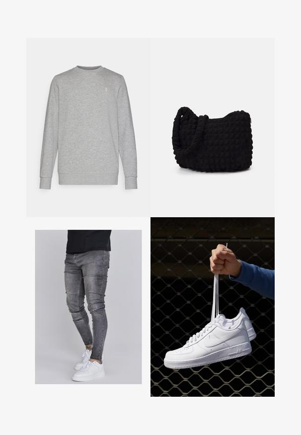 Grauer Sweatshirt mit Rundhalsausschnitt, langen Ärmeln und einem dezenten Logo auf der Brust. Hergestellt aus weichem Baumwollmischgewebe mit gerippten Bündchen.; Schlanke Jeans aus ausgebleichtem grauem Denim, mit abgenutzten Details an den Knien, kombiniert mit weißen Sneakers. Glatte Textur, schlanker Schnitt.; Weiße Leder-Sneaker mit Perforationen, runder Zehenpartie, flacher Sohle und dicken Schnürsenkeln, mit sichtbar eingesticktem Swoosh-Logo und "AIR" an der Ferse.; Schwarze Stofftasche mit einer strukturierten, gesteppten Oberfläche. Abgerundete Form, kurze, dicke Griffe und eine weiche, flexible Struktur.; Silberner Armbanduhr aus Edelstahl mit einem dunkelblauen Zifferblatt, metallischen Stundenmarkierungen und einem Datumsfenster bei 3 Uhr. Wasserdicht bis 50 Meter.
