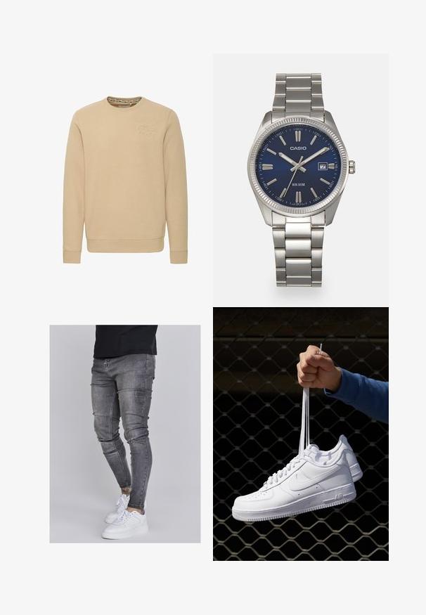 Beige sweatshirt med rund hals, lange ærmer og et præget logo på brystet. Blødt stof med en glat tekstur og ribbede manchetter.; Slank jeans i falmet grå denim med slidte detaljer ved knæene, parret med hvide sneakers. Glat tekstur, slim fit design.; Hvide lædersneakers med perforeringer, rund tå, flad sål og tykke snørebånd, med et synligt swoosh-logo og "AIR" på hælen.; Sølv rustfrit stål urrem med en marineblå urskive, metallic timemarkører og et datovindue kl. 3. Vandafvisende op til 50 meter.