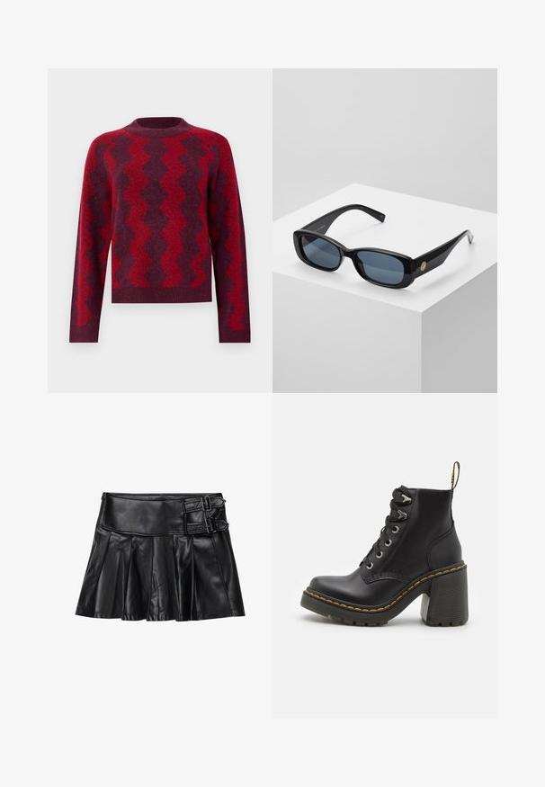 Dunkelroter Strickpullover mit kontrastierenden Zickzackmustern in hellem Rot. Mit Rundhalsausschnitt und langen Ärmeln, aus weichem Material gefertigt.; Schwarze Lederrock mit Falten, breitem Bund und zwei Schnallenakzenten an der Seite. Glatte Textur mit glänzendem Finish.; Schwarze Lederstiefelette mit einem klobigen hohen Absatz, Schnürung vorne, metallischen Ösen und gelben Nähten entlang der Sohle. Strukturierten Gummiaußensohle.; Schwarze rechteckige Sonnenbrille mit getönten blauen Gläsern, dicken Rahmen und einem goldenen, runden Akzent an der Seite. Schlichte, glänzende Oberfläche.; Burgunderfarbene Handtasche aus synthetischem Material mit strukturiertem Design, ausgestattet mit einem abnehmbaren Trageriemen und einem blumenmusternden Schal, der am Griff gebunden ist.