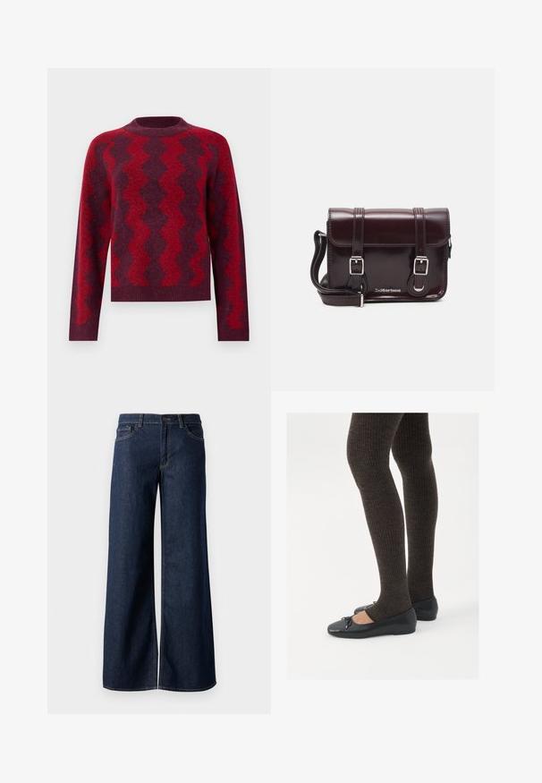 Pletena vesta u tamnocrvenoj boji s kontrastnim cik-cak uzorcima u svjetlijoj crvenoj. Ima okrugli izrez i duge rukave, izrađena je od mekanog materijala.; Široke traperice u tamnoplavoj denim boji. Sadrže kontrastno šivanje, pet džepova i kopčanje na dugme u struku. Glatka tekstura.; Crne ravne cipele s malim mašnom na vrhu prstiju, uparene s tamnosmešnim rebrovanim čarapama. Cipele imaju glatku teksturu i nizak profil.; Tamnocrvena lakirana kožna torba preko ramena pravokutnog oblika, s dva remena, srebrnim hardverom i preklopnim zatvaranjem.