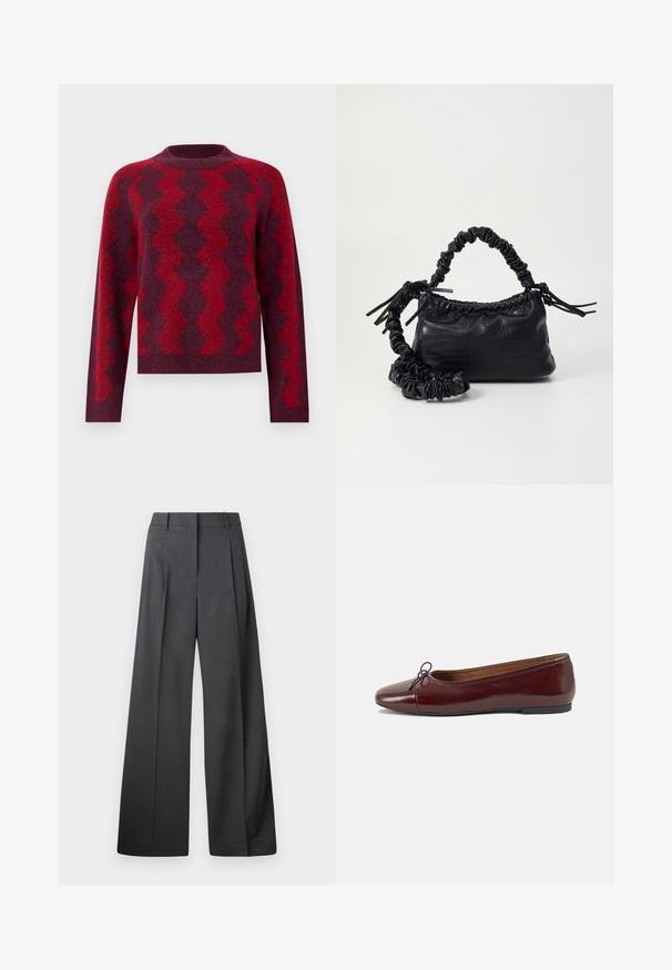 Gebreide trui in donkerrood met contrasterende zigzagpatronen in lichter rood. Heeft een ronde hals en lange mouwen, gemaakt van zacht materiaal.; Wijde broek in donkergrijze stof, met een hoge taille, enkele plooien en een gladde textuur met een nette afwerking aan de zoom.; Bordeaux gepatenteerd lederen ballerina met een ronde neus, een klein strikaccent aan de voorkant en een lage, zwarte rubberen zool. Glad textuur.; Zwarte nepleer handtas met een krokodillenstructuur, opgedroogde bovenkant en een gekreukte hengsel. Het lijkt zacht en compact van ontwerp.