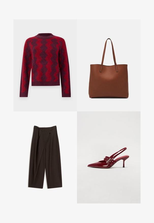Pull en maille de couleur rouge foncé avec des motifs en zigzag contrastés de rouge clair. Il dispose d'un col rond et de manches longues, fabriqué dans un matériau doux.; Pantalons larges marron foncé à taille haute, dotés d'une fermeture à un bouton et d'un devant plissé. Confectionnés en tissu léger.; Escarpins slingback en cuir verni rouge avec un bout pointu, deux brides à boucle et un talon aiguette slim de hauteur intermédiaire. Texture lisse.; Sac fourre-tout en cuir marron avec une texture lisse, design à ouverture supérieure et deux poignées pour le porter à l'épaule. Présente des coutures minimales et aucun matériel visible.
