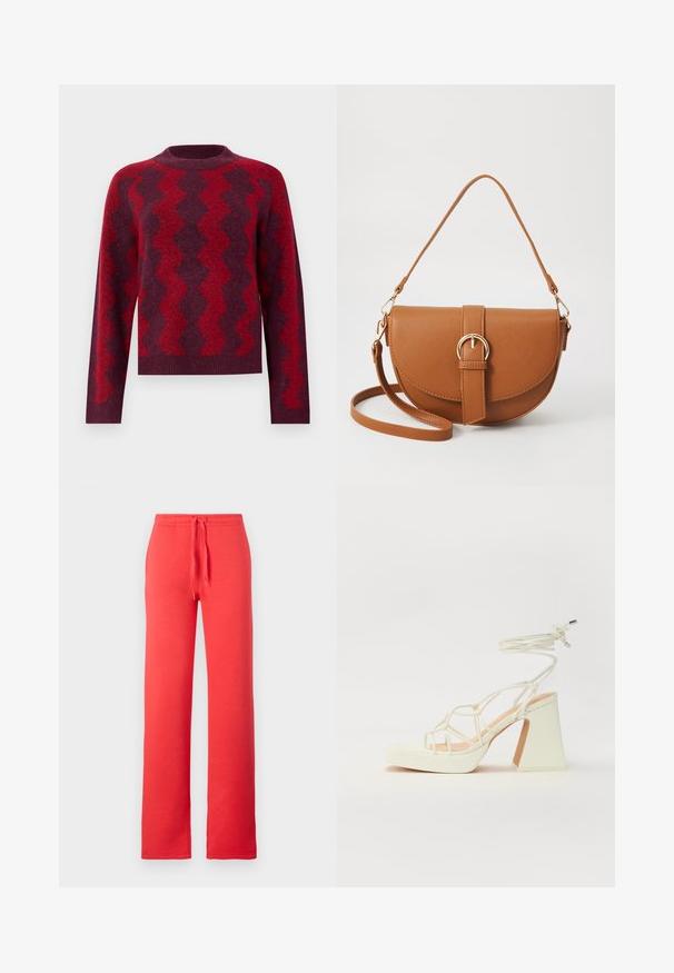 Sweter dzianinowy w ciemnoczerwonym kolorze z kontrastującymi wzorami w zygzaki w jaśniejszym odcieniu czerwieni. Posiada okrągły dekolt i długie rękawy, wykonany z miękkiego materiału.; Czerwone dresy wykonane z miękkiego materiału, z elastycznym paskiem na sznurki w talii, prostymi nogawkami i bez kieszeni oraz dodatkowych wzorów.; Biała sandał na wysokim obcasie z masywnym słupkiem, z paskowym wzorem i wiązaniem przy kostce. Gładka faktura z platformą z przodu dla dodatkowej wysokości.; Brązowa skórzana torba na ramię o zaokrąglonym kształcie, ze złotymi akcentami i zapięciem w formie klamry. Posiada odpinany pasek na ramię.
