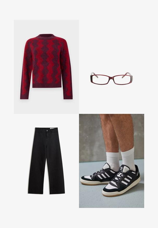 Pulover tricotat de culoare roșu închis cu modele zig-zag contrastante în roșu mai deschis. Are gât rotund și mâneci lungi, realizat dintr-un material moale.; Pantaloni din denim negri cu picioare largi, cu talie înaltă, având buzunare frontale și posterioare, cusături dublate și închidere cu nasture. Textură netedă.; Adidași negri și albi cu un superior din suede și piele, prevăzuți cu trei dungi albe, un vârf perforat și o talpă din cauciuc caramel.; Ochelari de vedere rectangulari roșii, cu un design elegant. Lentile clare, brațe ușor translucide și un efect de degradé de la roșu la gri.