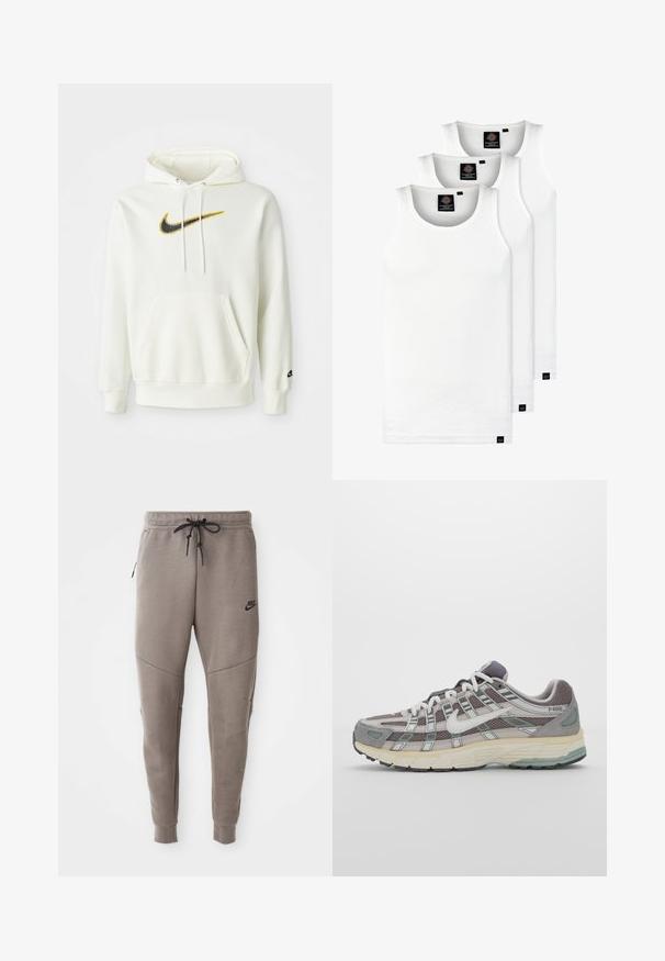 Felpa bianca in cotone con tasca frontale, presenta un logo Nike in nero e giallo. Ha un cappuccio regolabile con cordino e polsini e orlo a coste.; Tre canotte bianche a coste in cotone. Presentano un colletto rotondo e piccole etichette nere vicino all'orlo. Disponibile in diverse taglie.; Pantaloni sportivi Nike grigi con cintura regolabile, gambe affusolate, tasche laterali e dettagli di cucitura distintivi. Tessuto morbido e texture.; Scarpa sportiva grigia con tomaia in mesh e suede, dettagli bianchi, suola ammortizzata e un design distintivo con elementi riflettenti.