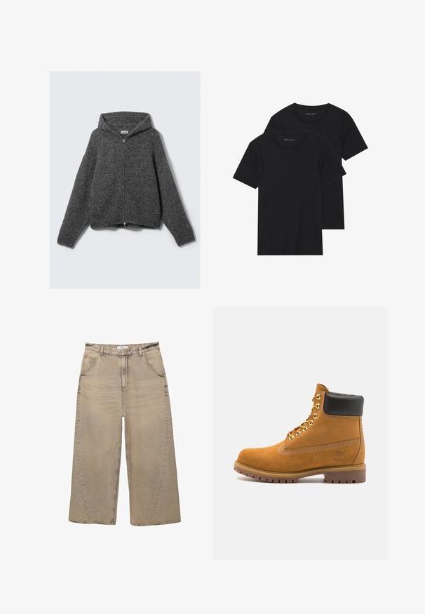Dark gray knitted zip-up hoodie with long sleeves, ribbed cuffs, and a label reading "WEEKDAY" inside the collar.; Two black cotton t-shirts with short sleeves, round necklines, and a smooth texture, displayed stacked together.; PULL&BEAR MEGA BAGGY - Baggy Jeans - light grey; Tan suede ankle boot with black padded collar, gold metal eyelets, white stitching detailing, and rugged rubber sole with pronounced treads.