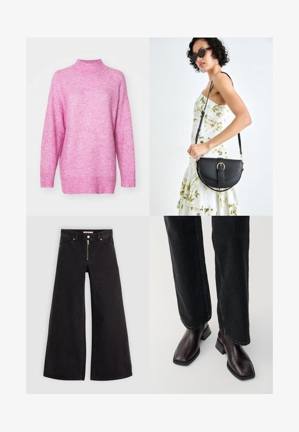 Vero Moda VMPHILLIS LONG  - Pullover - fuchsia pink; Jean large en denim noir avec une fermeture éclair à l'avant, un design à cinq poches et des détails de couture subtils. Texture lisse et style décontracté.; Bottines en cuir marron avec un orteil carré et un talon carré, associées à un jeans noir à jambes larges. Texture lisse et design minimaliste.; Sac à main en cuir noir avec une forme courbée, bandoulière amovible et des accessoires en or. Le sac est doté d'un rabat avec un détail de boucle.