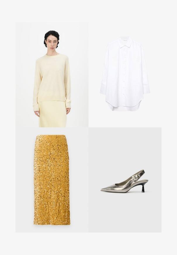 Svijetlosmeđi pulover s opuštenim krojem, okruglim izrezom i dugim raglan rukavima. Meka tekstura upotpunjena rebrastim manžetama i porubom.; Bijela košulja dugih rukava s dugmadima, s oštrim ovratnikom i zakrivljenim rubom, prikazana na jednodavnom pozadinu.; Zlatna midi suknja prekrivena sjajnim šljokicama sa ravnim krojem i visokim strukom na bijeloj pozadini.; Metalik srebrni slingback cipele s oštrim nosom, malim crnim potplatom i detaljem kopče na trakama. Glatka kožna tekstura.