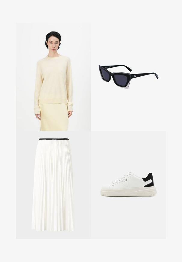 Pull léger beige avec une coupe décontractée, un col rond et de longues manches raglan. Texture douce, complétée par des poignets et un ourlet côtelés.; Jupe plissée blanche avec une taille élastique noire portant le logo "LACOSTE". Design mi-long avec une texture douce.; Baskets en cuir blanc avec une épaisse semelle blanche, un accent en daim noir au niveau du talon et un logo embossé sur le côté. Design à lacets avec six œillets.; Lunettes de soleil noires surdimensionnées avec une forme géométrique, dotées de verres foncés et d'un détail gris contrastant sur la monture. Logo sur la branche.