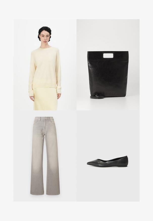Ljus beige tröja med avslappnad passform, rund halsringning och långa raglanärmar. Mjuk textur kompletterad av ribbade mudd och nederkant.; Grå vidbenade jeans med en blekt finish, knappstängning, femficksdesign och sömnad detaljer längs sömmarna.; Svart läderballettskor med spetsig tå, låg klack och slät yta. Minimalistisk design med en subtil sidopunkt.; Svart läder tote-väska med ett fyrkantigt handtag, med en texturerad yta och präglad logotyp. Inkluderar en avtagbar rem.