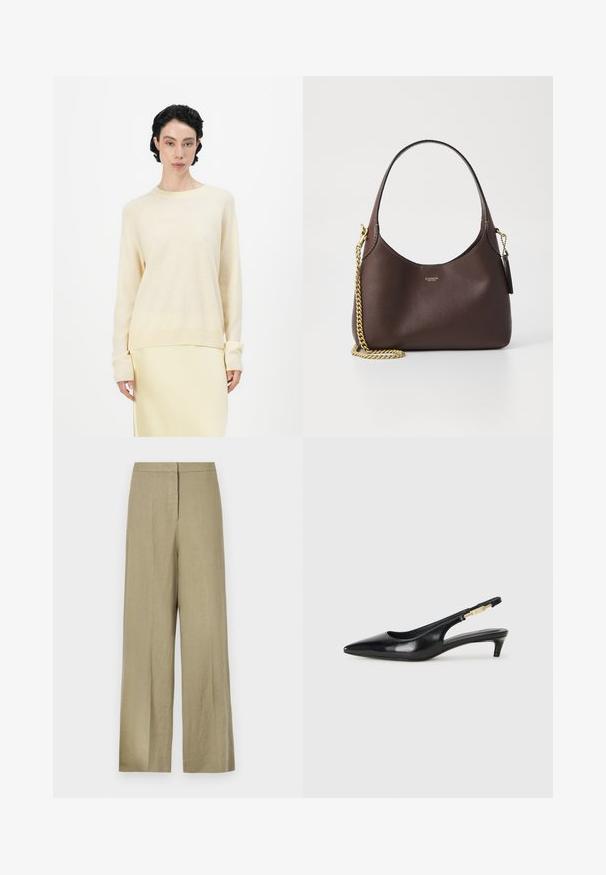 Világos bézs pulóver, laza szabással, kerek nyakkivágással és hosszú raglán ujjakkal. Puha tapintás, bordás mandzsettákkal és aljjal kiegészítve.; Világos zöld, bő szárú nadrág, amely vászonból készült. Magas derékkal és tiszta elülső kialakítással rendelkezik, egyetlen redővel.; Fekete bőr slingback magassarkúk, hegyes orral, vékony sarkakkal és arany színű részlettel a állítható pánton. Simа felület.; COACH BROOKLYN SHOULDER BAG 23 - Kézitáska - maple