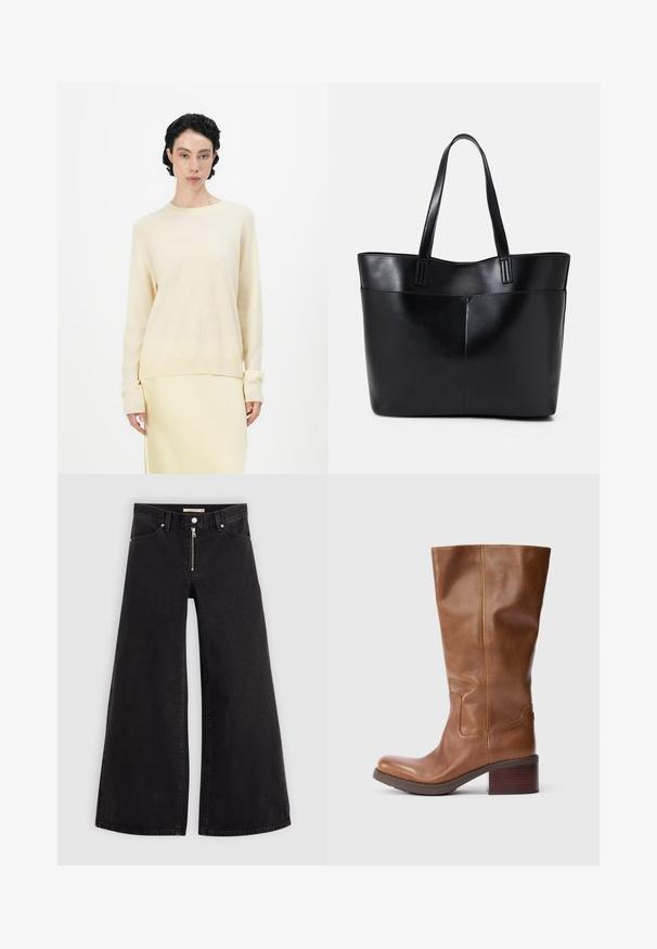 Svijetlosmeđi pulover s opuštenim krojem, okruglim izrezom i dugim raglan rukavima. Meka tekstura upotpunjena rebrastim manžetama i porubom.; Široke traperice od crnog denima s prednjim zatvaračem, dizajnom s pet džepova i suptilnim detaljima šivanja. Glatka tekstura i ležeran stil.; Smeđe kožne čizme do koljena s zaokruženim vrhom, teksturiranim finišem i složenim drvenim petama. Šavni detalj duž stranica.; Crna kožna torba s dugim ručkama, glatkom teksturom i strukturiranim oblikom. Ima prednju džep za dodatno pohranu.