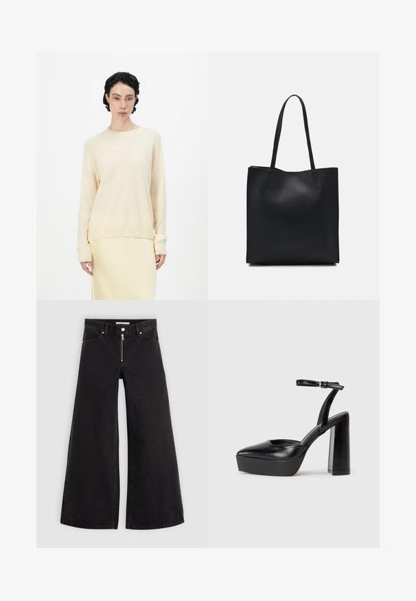 Sweater bege claro com um corte descontraído, gola redonda e mangas raglan longas. Textura suave complementada por punhos e bainha canelados.; Calças de ganga de perna larga em denim preto com fecho éclair à frente, design de cinco bolsos e detalhes de costura subtil. Textura suave e estilo casual.; Saltos altos pretos com bico fino e atilho ajustável no tornozelo. Confeccionados em couro suave, apresentam um salto bloco robusto.; Bolsa tote preta em couro com textura lisa, forma retangular e duas alças longas. Sem hardware ou enfeites visíveis.
