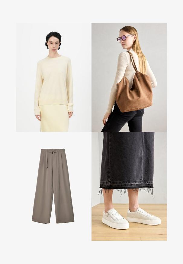 Helles beige Sweatshirt mit entspannter Passform, rundem Ausschnitt und langen Raglanärmeln. Weiche Textur, ergänzt durch gerippte Bündchen und Saum.; Weite Hose aus einem weichen, gedämpften grauen Stoff, mit einem taillierten Bund und Falten für zusätzliche Design-Details. Glatte Textur, keine Muster.; Weiße Sneakers mit einem glatten, strukturierten Lederobermaterial, ausgestattet mit einem Reißverschlussakzent, flachen Schnürsenkeln und einer Plateausohle. Getragen mit einem ausgefransten, dunklen Rock.; Braune Wildleder-Tasche mit weicher Textur, großer Öffnung und langen Trägern. Sie verfügt über ein simples Design mit sichtbarem Stich und ohne Beschläge.