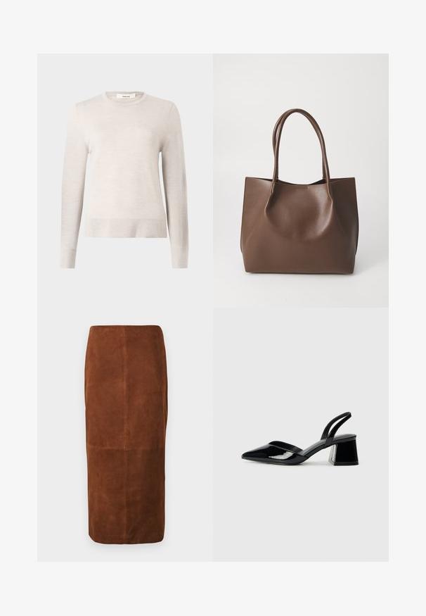 Light beige long-sleeve sweater made of soft knit material. Features a round neckline and ribbed cuffs and hem. Simple, classic design.; Brown suede midi skirt with a straight silhouette and visible vertical and horizontal seam details on a white background.; Black patent leather slingback heels with a pointed toe and a geometric block heel. Features a sleek, minimal design and smooth texture.; Brown leather tote bag with two long handles, structured shape, smooth texture, and minimalistic design. No visible hardware or accents.