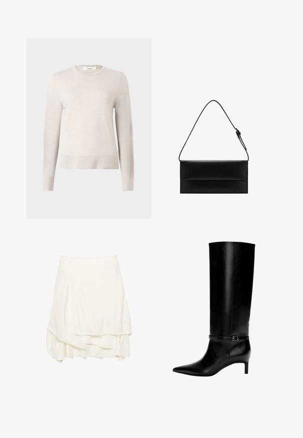 Světle béžový svetr s dlouhým rukávem vyrobený z měkkého pleteného materiálu. Má kulatý výstřih a žebrované manžety a lem. Jednoduchý, klasický design.; Bílá zavinovací sukně s vrstveným designem, zdobená texturovanou krajkou podél lemu, vyrobena z měkkého materiálu a s volným střihem.; Černá kožená vysoká bota po kolena s špičatou špičkou a malým podpatkem. Obsahuje úzký pásek s kovovou sponou kolem kotníku. Hladký povrch.; Mango Kabelka - black