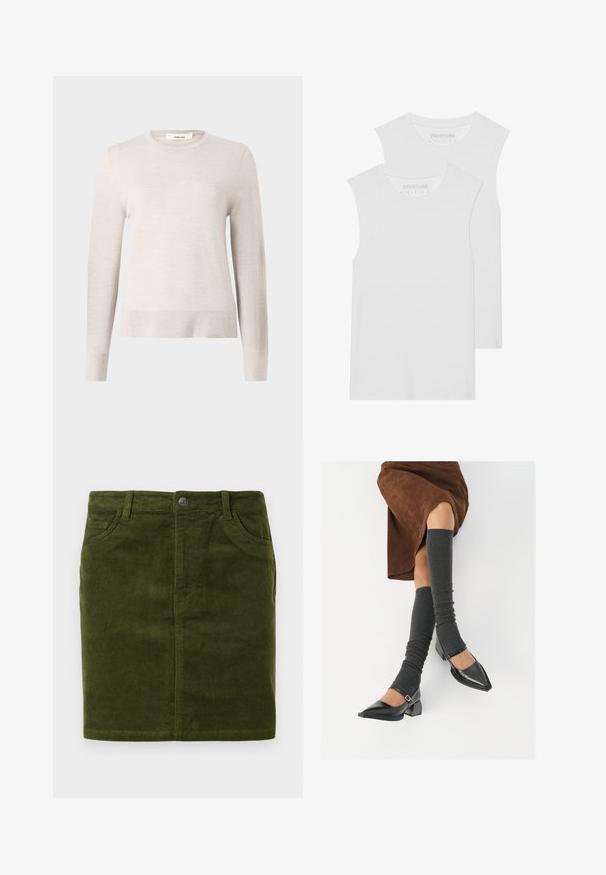 Heledbeez longade särgid, mis on valmistatud pehmest kudumaterjalist. Omab ümmargust kaelust ja soonikuid varrukaid ning hemmi. Lihtne, klassikaline disain.; Kaks valget ilma varrukat T-särki, mis on valmistatud pehmest puuvillakangast, ümarate kaelustega ja ilma nähtavate mustrite või detailideta.; Tume roheline volditud seelik sirge lõikega, millel on viie tasku disain ja metallist nööpkinnitus vööl.; Mustad patsaline odav värviga kingad, millel on kreen ja pahkluuring, on paaritatud hallide ribakudumitega sääremiidega ja pruunist nahast seelikuga.