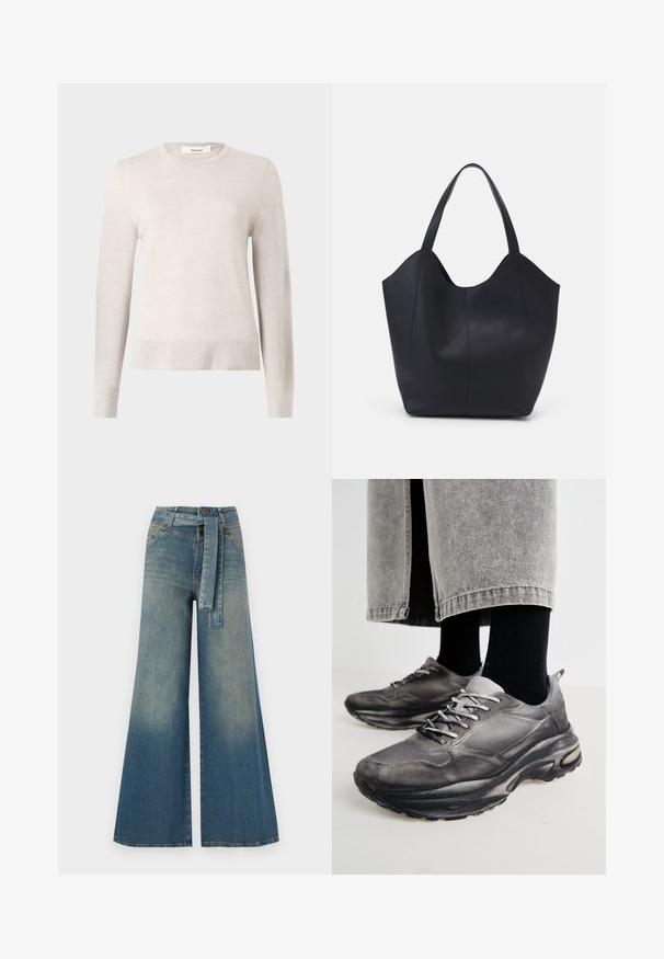 Licht beige lange mouwen trui gemaakt van zachte gebreide stof. Heeft een ronde halslijn en ribgebreide manchetten en zoom. Eenvoudig, klassiek ontwerp.; Wijduitlopende denim broek met een lichte naar donkere blauwe gradient, hoge taille, riemlussen en een bijpassende stoffen riem. Gestructureerde denimafwerking.; Zwarte en grijze sport schoenen hebben een mesh bovenkant, dikke zolen en veters. Ze hebben een ronde neus en zichtbare dempingsdetails.; Zwarte tote tas van glad leer, met een gebogen, open bovenkant en twee schouderbanden, en een minimalistisch ontwerp.