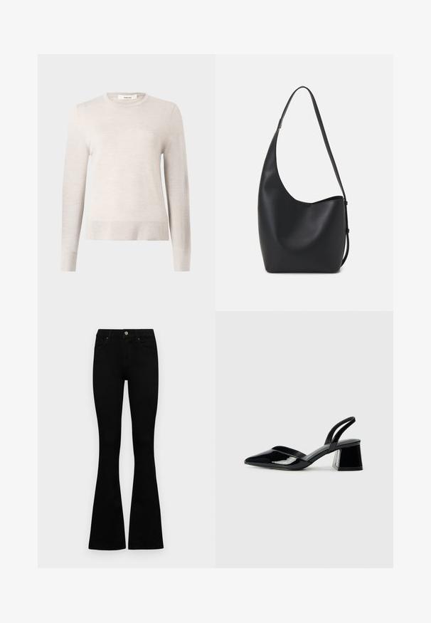 Lys beige langermet genser laget av mykt strikket materiale. Har rund halslinning og ribbede mansjetter og nederkant. Enkel, klassisk design.; Svarte flagrende jeans laget av denim. Har knappelukking, fem lommer og en glatt tekstur. Den flagrende buksebenet begynner under kneet.; Svarte patentlær slingback hæler med spiss tå og geometrisk blokk hæl. Har et stilrent, minimalistisk design og jevn tekstur.; Svart lær hobo-veske med glatt tekstur, buet form og enkelt justerbart stropp; har en bred åpning på toppen.
