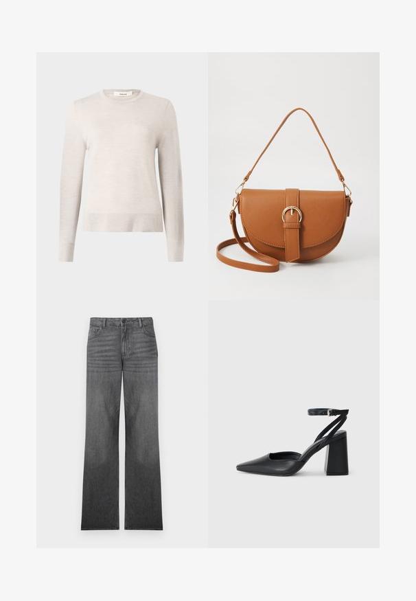 Világos bézs, hosszú ujjú pulóver, puha kötött anyagból készült. Kerek nyakkivágással és bordás mandzsettákkal, valamint hemrajzzal rendelkezik. Egyszerű, klasszikus dizájn.; Szürke farmer széles lábú nadrág, közepes mosással, öt zsebes kialakítással, elöl gombos záródással és diszkrét varrási részletekkel.; Fekete bőr, hegyes orrú magassarkú cipő boka pánttal és vastag sarokkal. Sima textúra, elegáns dizájn és minimális esztétika.; Barna bőr keresztbody táska ívelt formával, aranyszínű fémrészekkel és csat díszítéssel. Levehető vállpánttal rendelkezik.